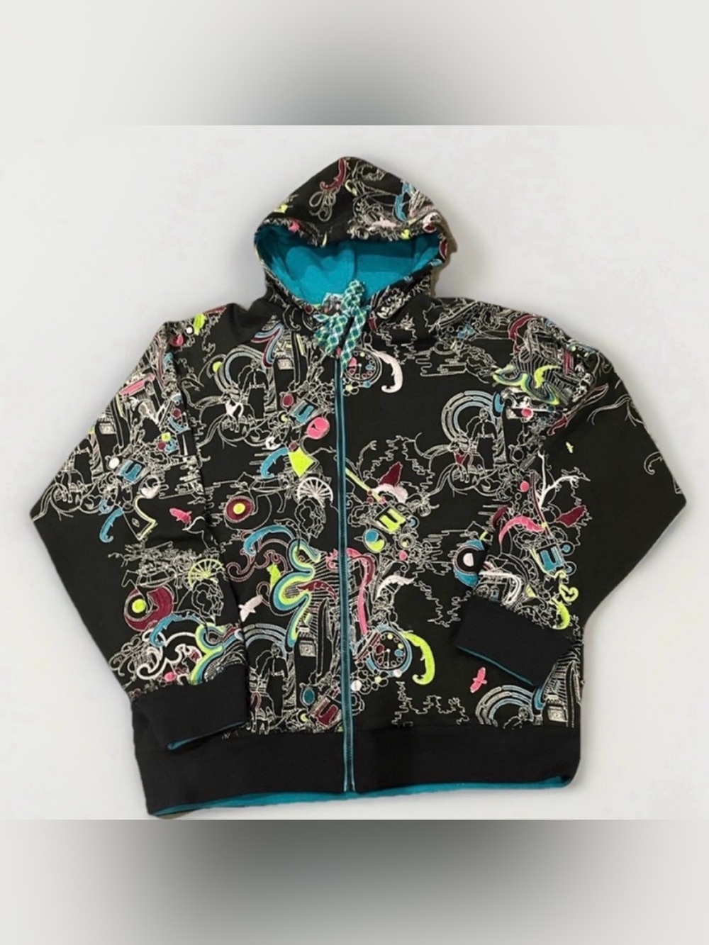 Artful Dodger Embroidered Hoodie All Over Print Zip Up XL made in MACAU RARE